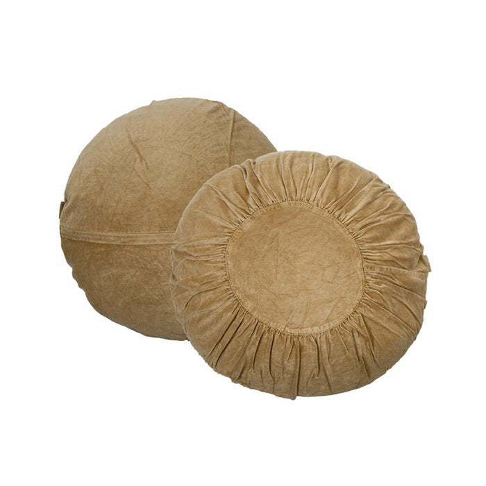 Mrs. Bloom - Rond fluwelen sierkussen 'Ruches' (60cm, Mosterd)