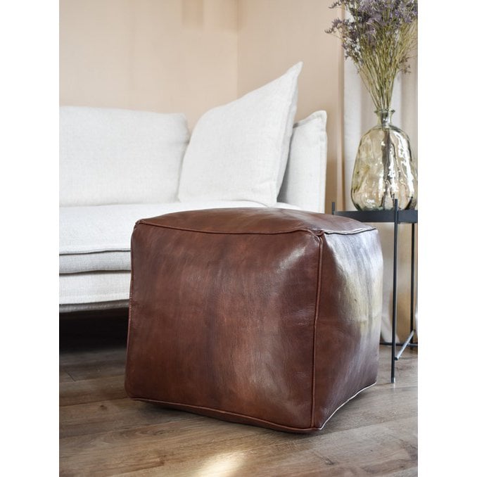 Poufs & Pillows - Leren vierkante poef - bruin (vierkant) - gevuld geleverd