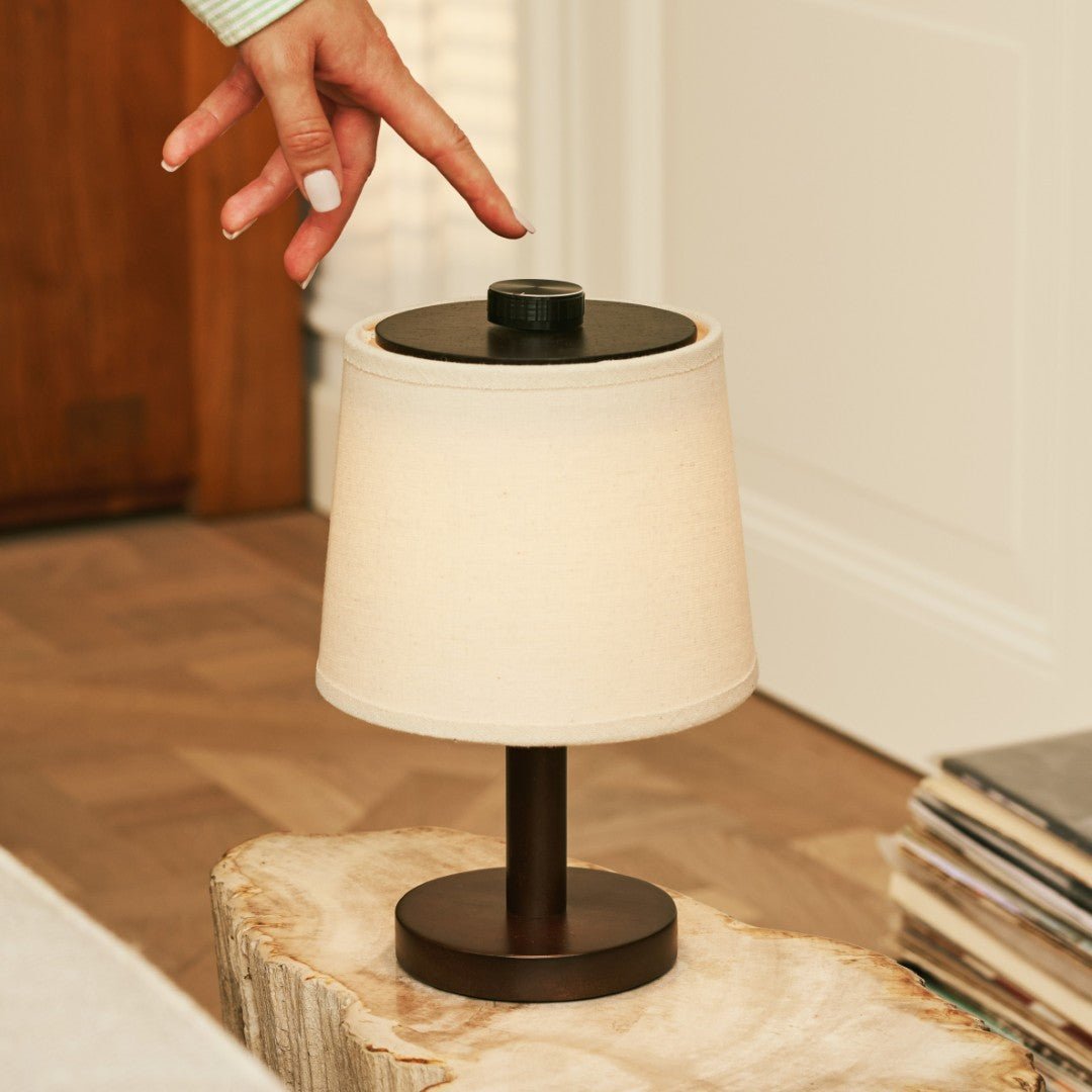 Tavellio-Amsterdam - Rover donkerbruine houten lamp – oplaadbare, draadloze en dimbare lampenkap
