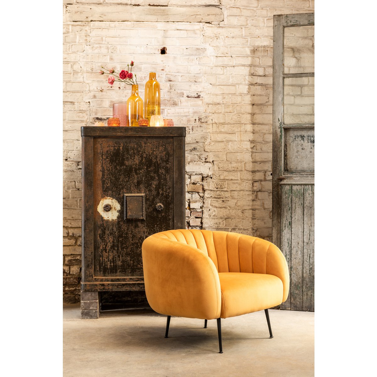 J-Line - Waxinelichthouder Bol - Glas/Fluweel - Oker - Large