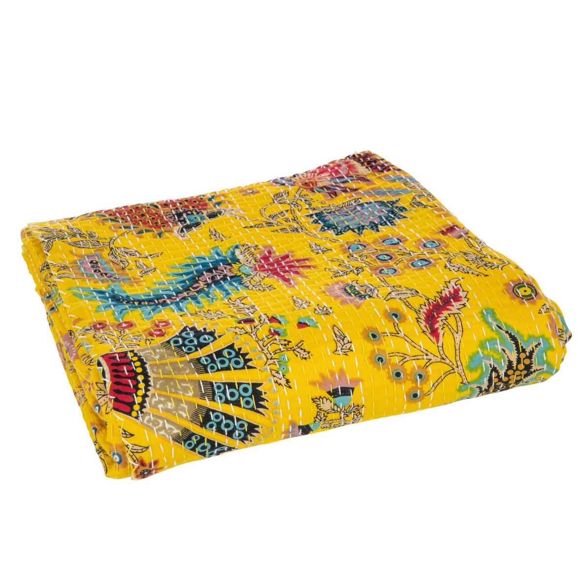 J-Line - Plaid en strandmat 'Bloemen' (Maat L, Katoen, Geel)