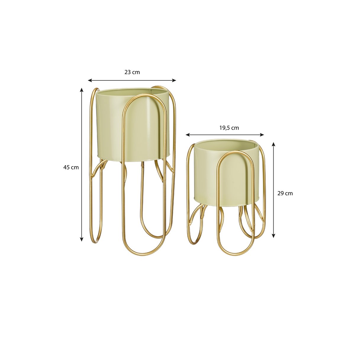 Mica Decorations - Donau Bloempot op Standaard - Set van 2 - Metaal - H45 x Ø23 cm - Lichtgroen, Goud
