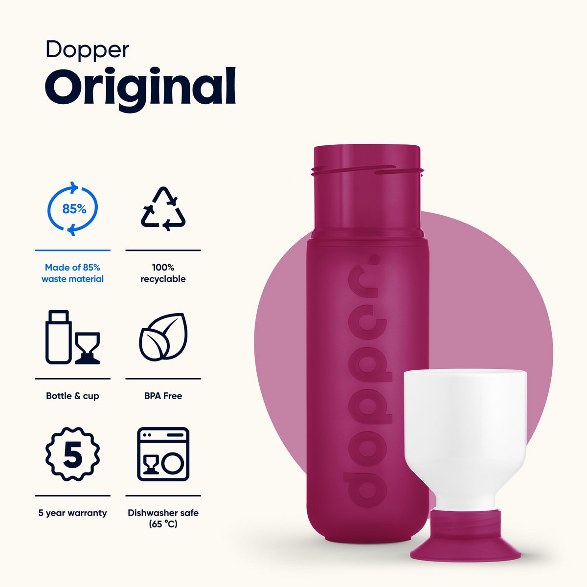 Dopper Originele Herbruikbare Waterfles Funky Fuchsia 450ml