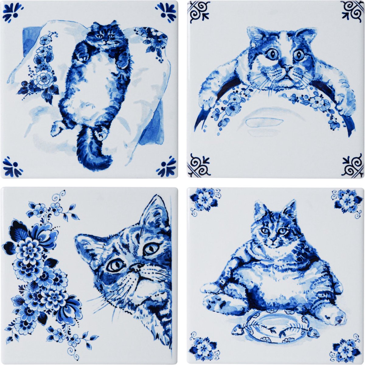 Heinen Delfts Blauw - Onderzetters 'Luie kat' (Set van 4)