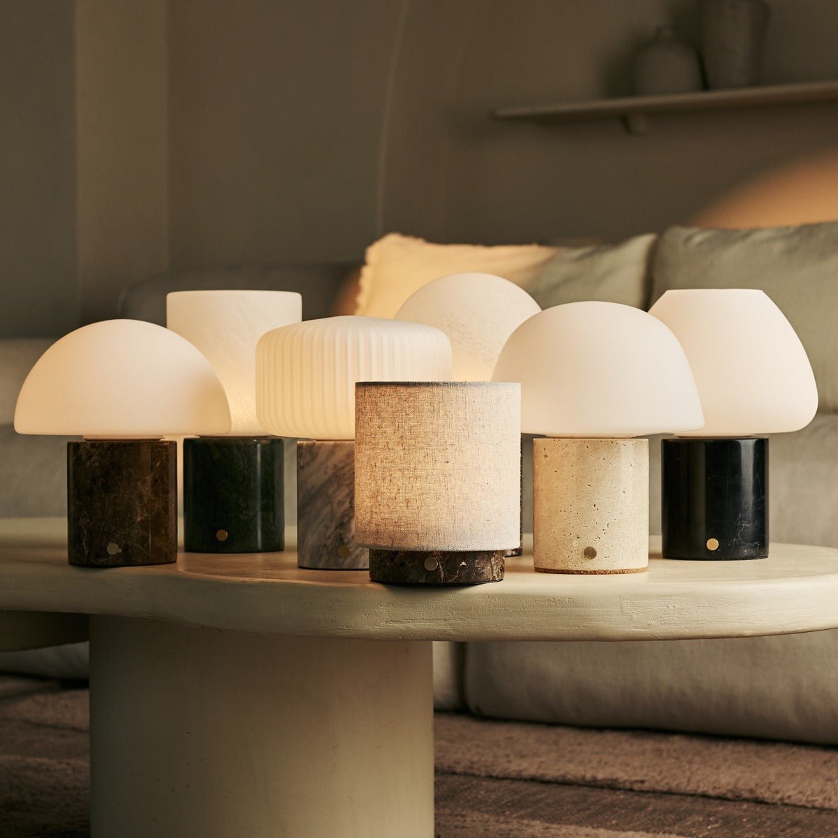 Tavellio-Amsterdam - Mauve Cream & Brown / Emperador Dark - Marmeren oplaadbare tafellamp - 3 lichte modi, draadloos & & met linnen verwisselbare lampenkap