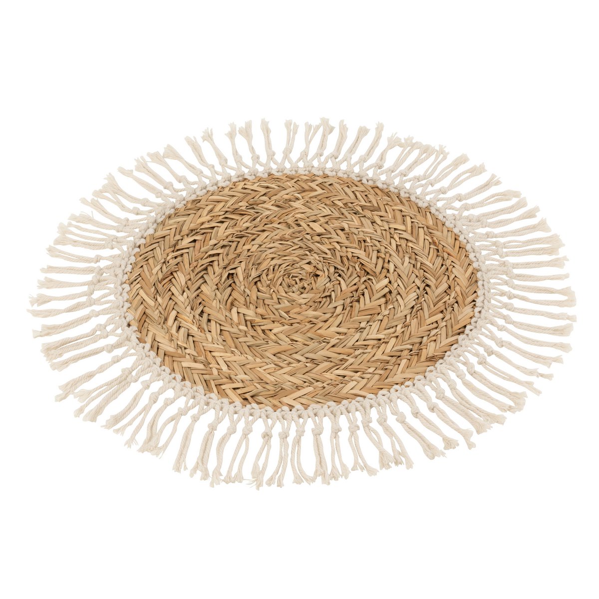 J-Line - Rond Franje Placemat - Jute - Naturel/ Wit