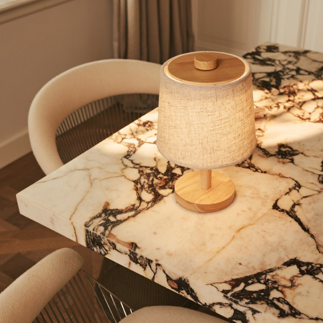 Tavellio-Amsterdam - Rover Lichtbruine Houten Oplaadbare Lamp | Snoerloos, dimbaar met stoffen kap