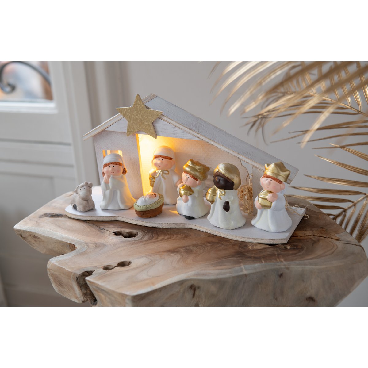 J-Line - Kerststal 'Porcelein' (Maat L, LED, Wit en goud)