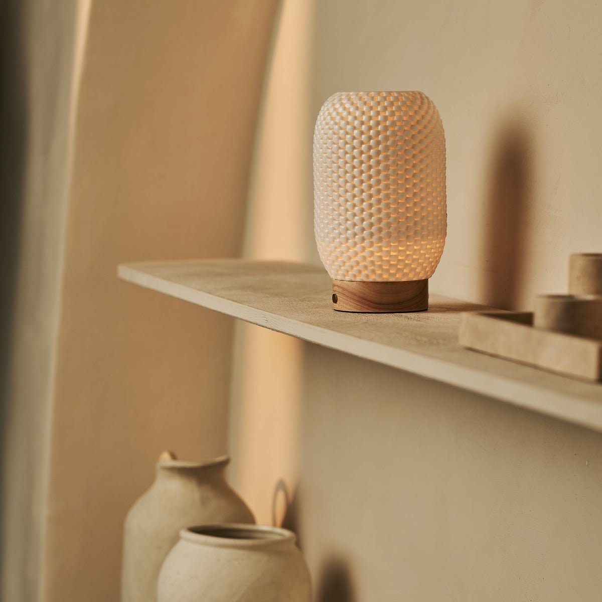 Tavellio-Amsterdam - Aurora lichtbruine draadloze tafellamp in 3D-geprinte porselein-oplaadbaar, dimbaar en tot 100 uur licht