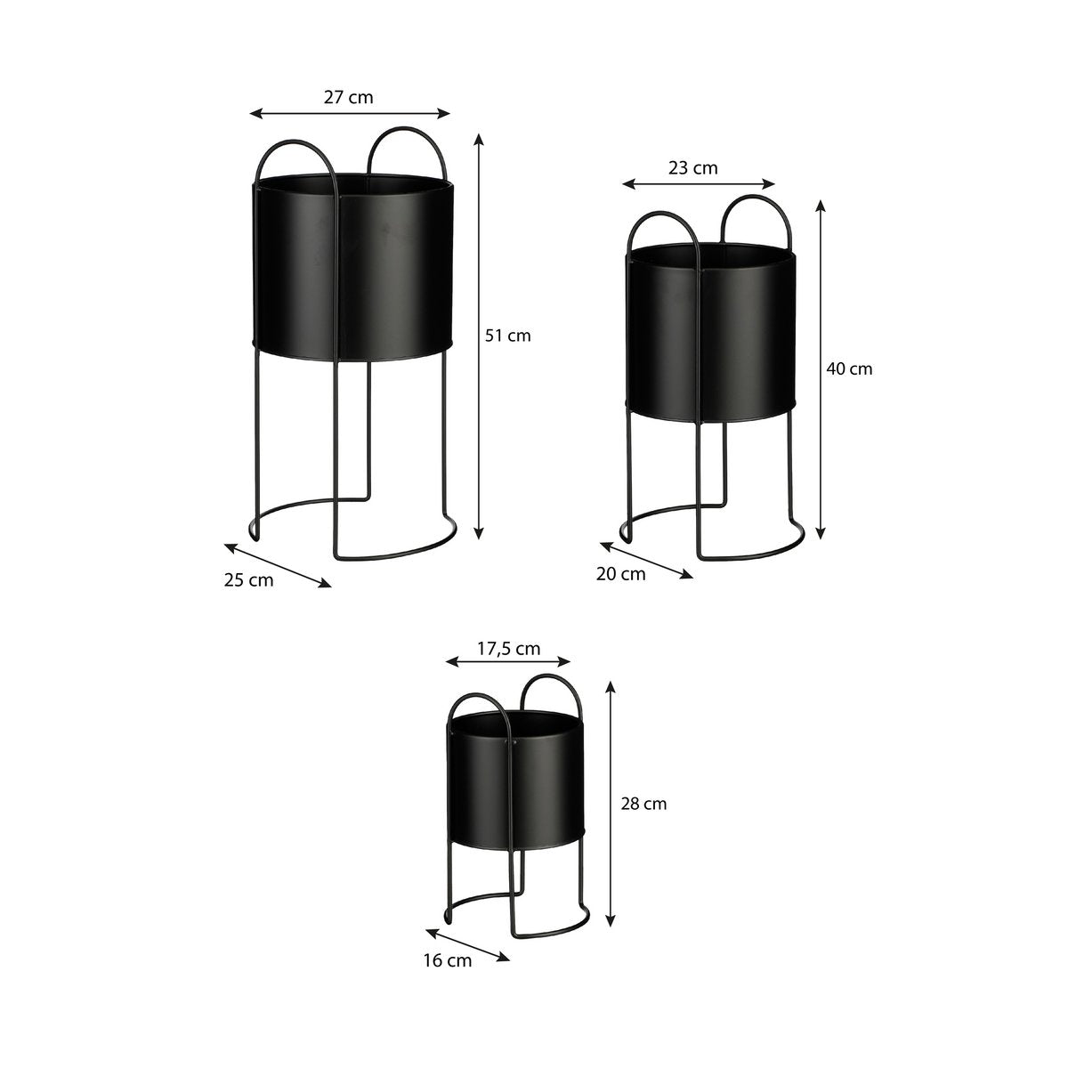 Mica Decorations - Petry Bloempot op Standaard - Set van 3 - L27 x B25 x H51 cm - Metaal - Zwart