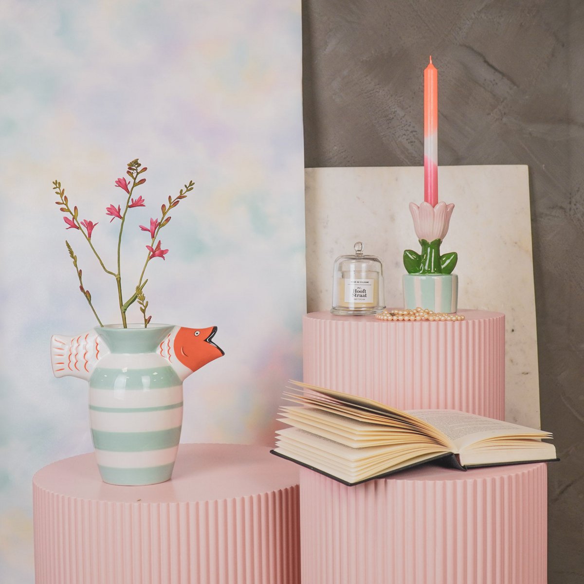 Housevitamin - Vaas - visdolomiet -mint/wit/oranje -23x12.5x21cm