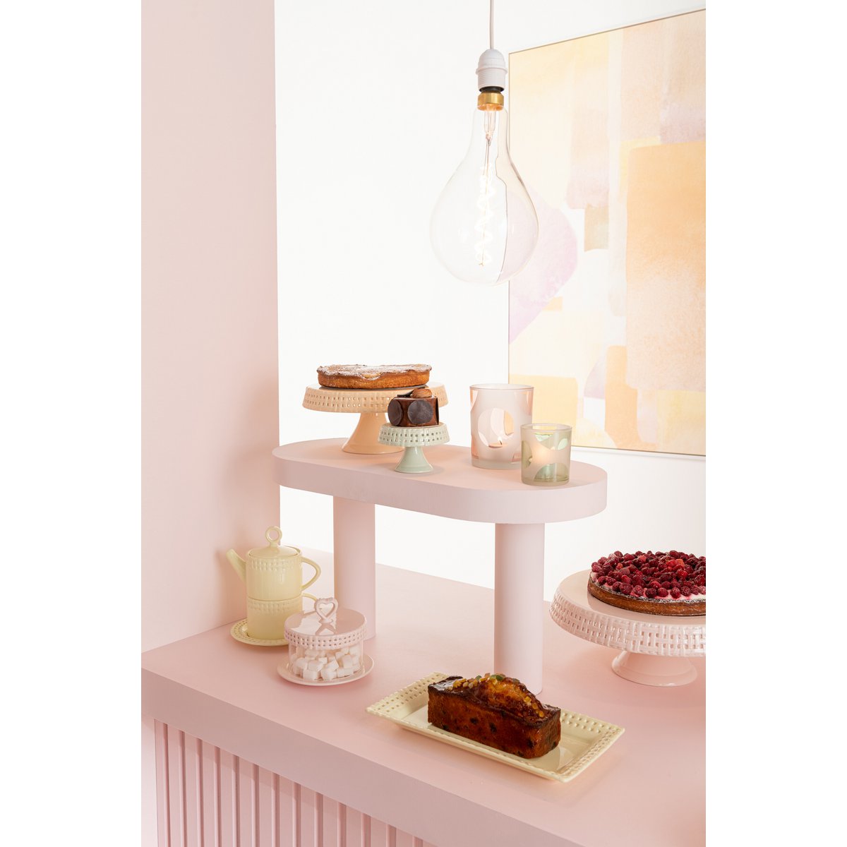 J-Line - Cake Bord Onder Glas - Taartplateau - Keramiek - Roze - S