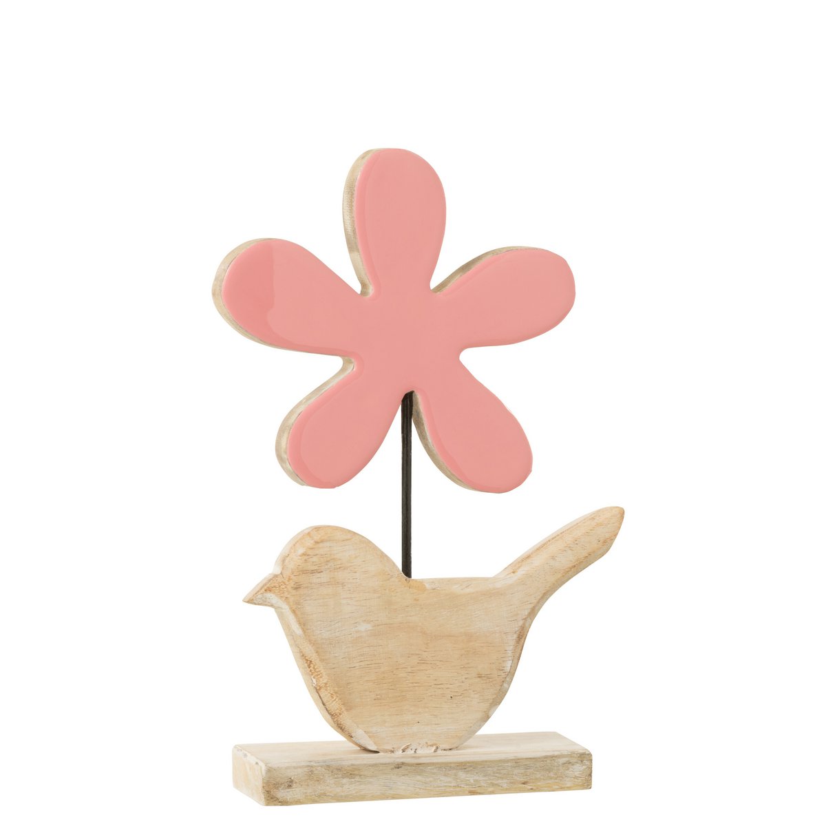 J-Line - Decoratie Vogel Met Bloem - Hout - Roze - Large