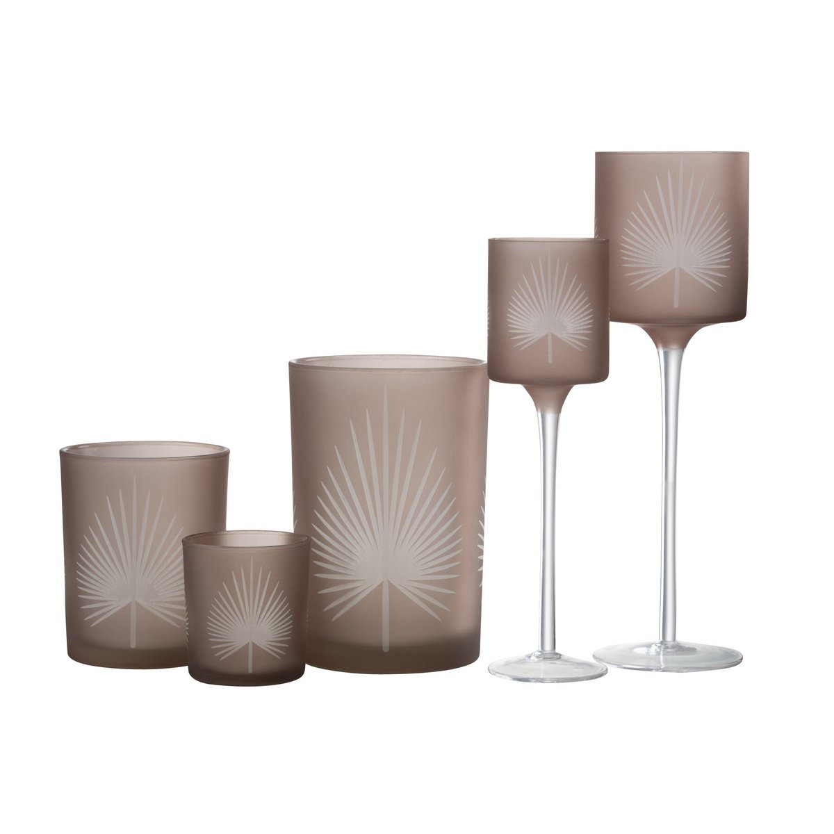 J-Line - Waxinelichthouder Op Voet Palmblad Glas Beige Large