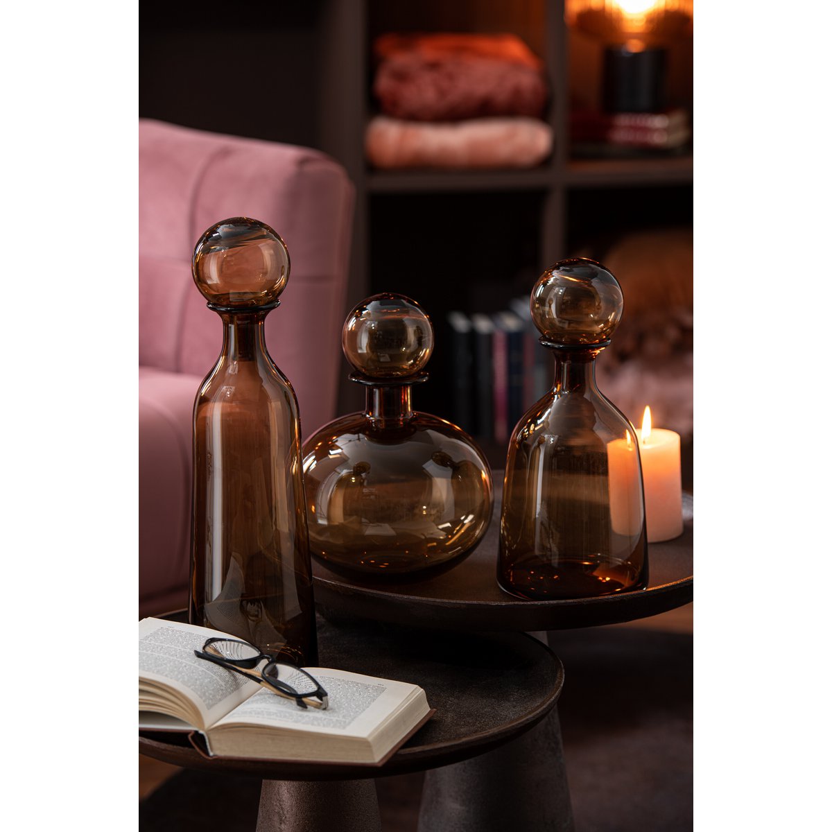 J-Line - Fles+Stop Effen Decoratief Rond Glas Bruin