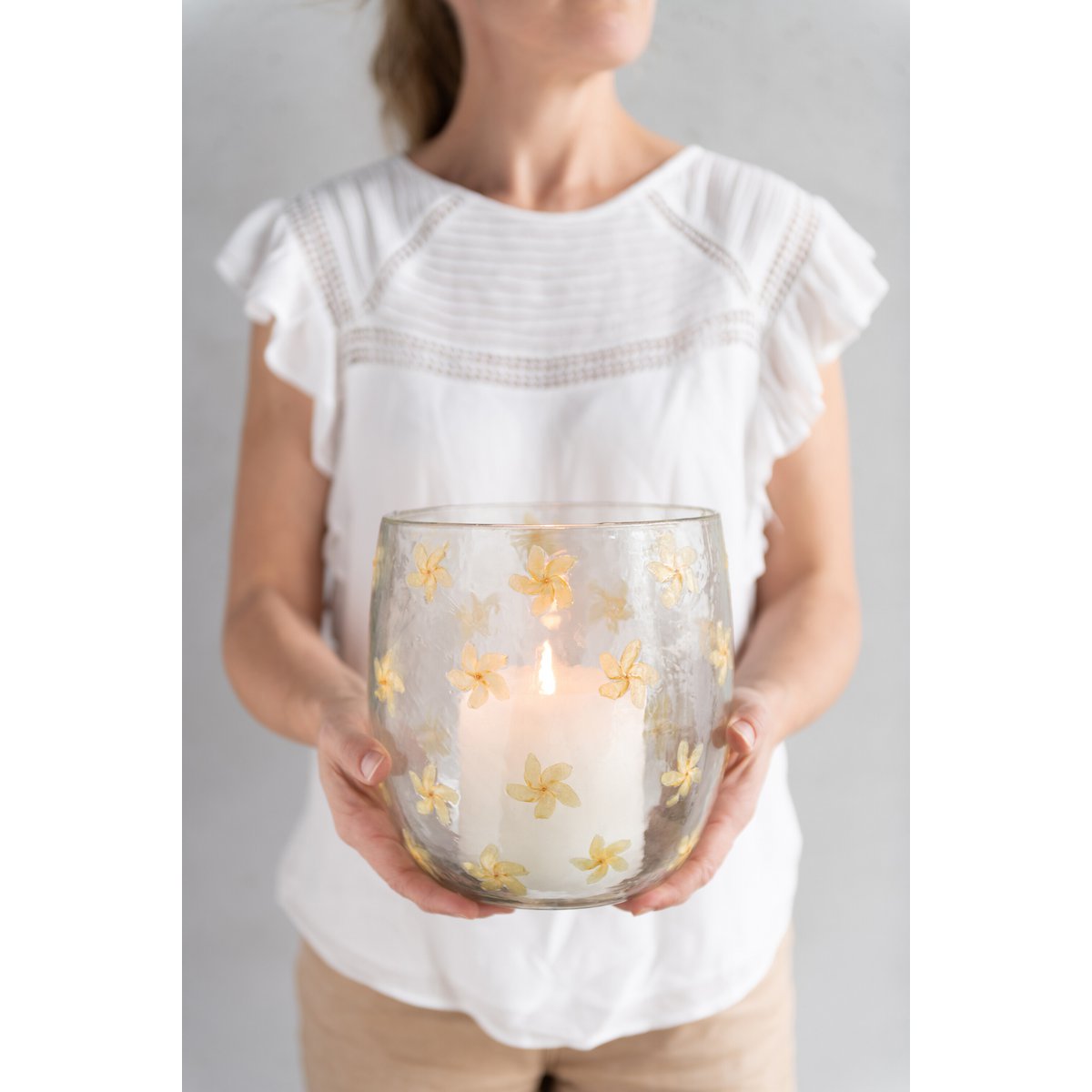 J-Line - Windlicht Bloemen  Glas - Geel - Large