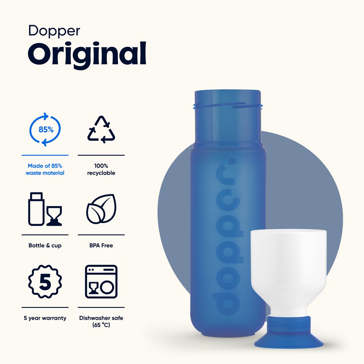 Dopper Originele Herbruikbare Waterfles Pacific Blauw 450ml