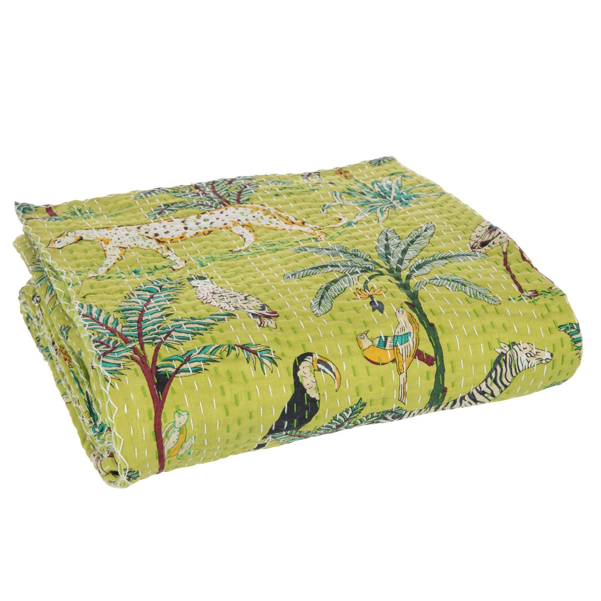 J-Line - Plaid/Strand Mat Exotisch Dieren/Planten Hechtingen Katoen Groen Large