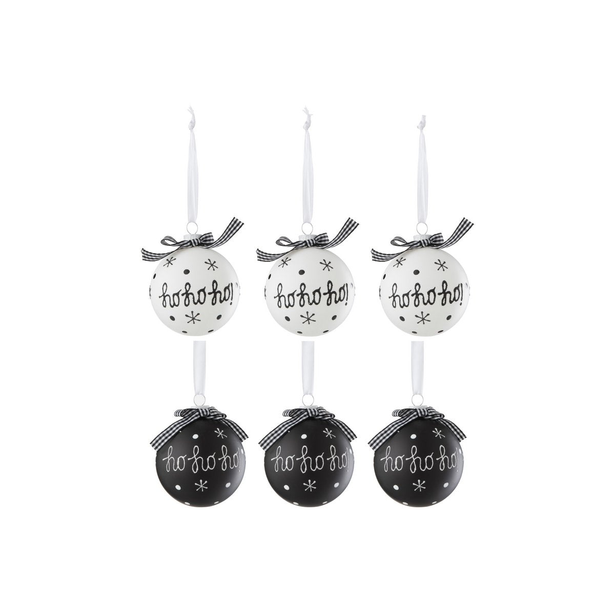 J-Line - Doos met kerstballen 'Hoho' (Maat S, Set van 6, Zwart/Wit)