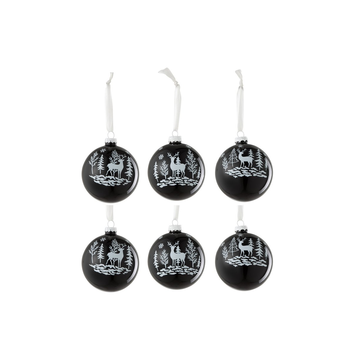 J-Line - Doos met kerstballen 'Rendier' (Set van 6, Zwart met wit)