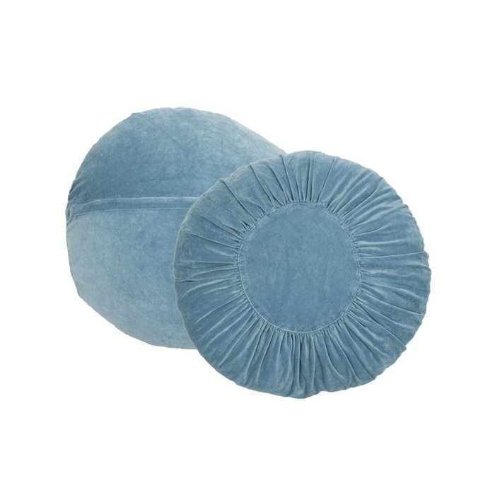 Mrs. Bloom - Rond fluwelen sierkussen 'Ruches' (60cm, Faded blue)