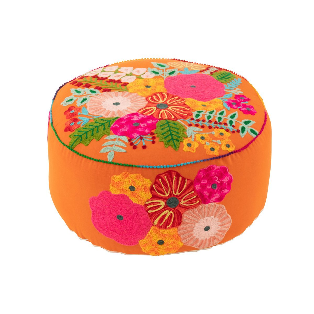 J-Line - Poef Rond Bloemen Geborduurd Katoen/Polyester Oranje