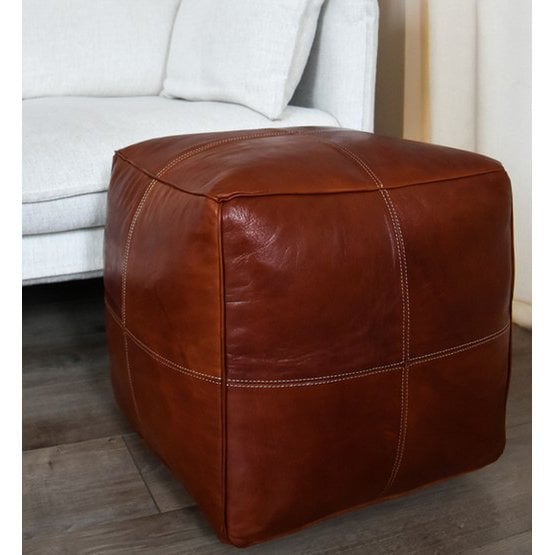 Poufs & Pillows - Leren poef - honingbruin (modern vierkant) - gevuld geleverd