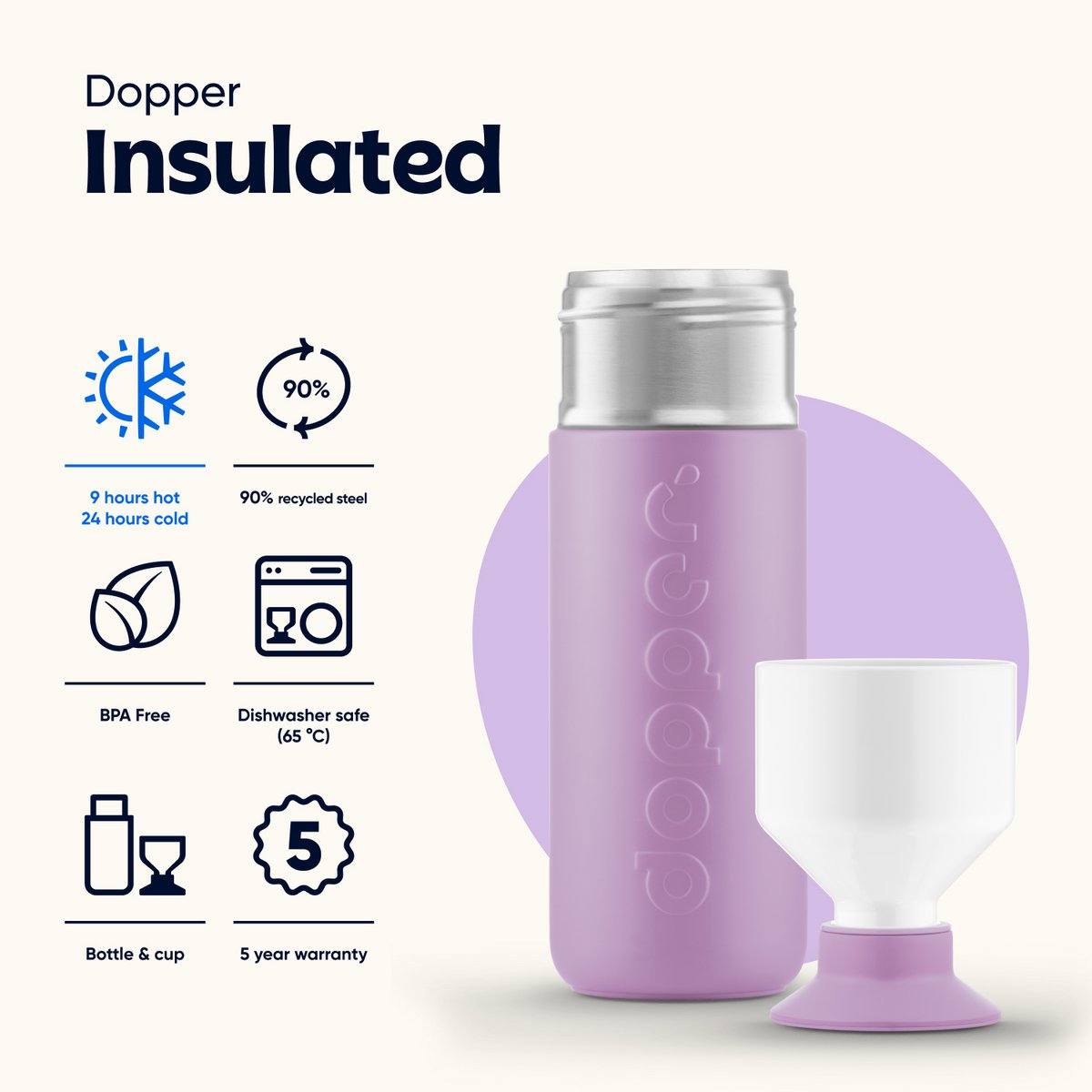 Dopper Geïsoleerde Thermosfles Throwback Lila 580ml