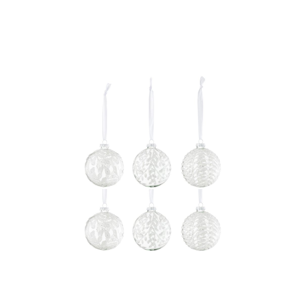 J-Line - Doos met kerstballen 'Pailletten' (Maat S, Set van 6, Wit)