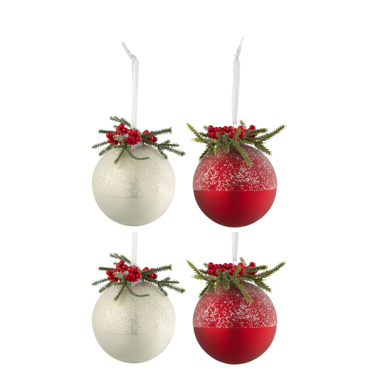 J-Line - Doos met kerstballen 'Frostfyr' (Maat S, Set van 4, Rood/Wit)