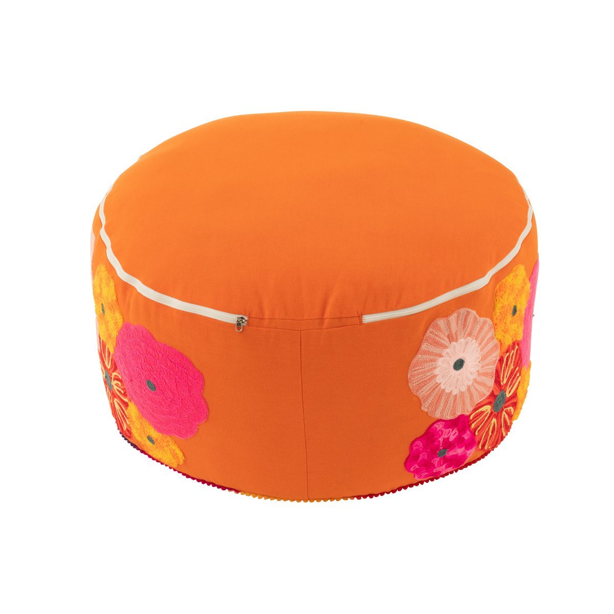 J-Line - Poef Rond Bloemen Geborduurd Katoen/Polyester Oranje