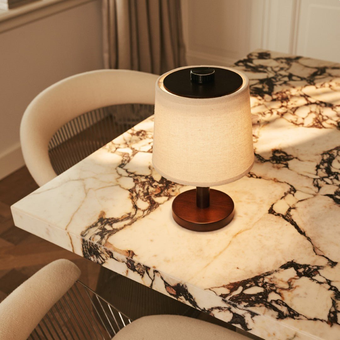 Tavellio-Amsterdam - Rover donkerbruine houten lamp – oplaadbare, draadloze en dimbare lampenkap