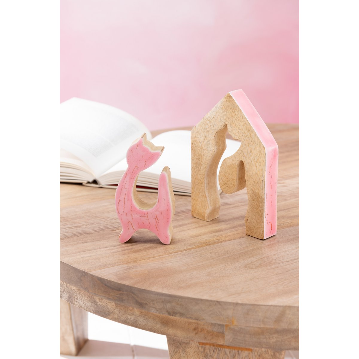 J-Line - Huis Kat - Hout - Roze/Naturel - Small