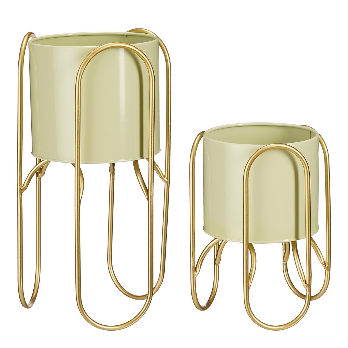 Mica Decorations - Donau Bloempot op Standaard - Set van 2 - Metaal - H45 x Ø23 cm - Lichtgroen, Goud