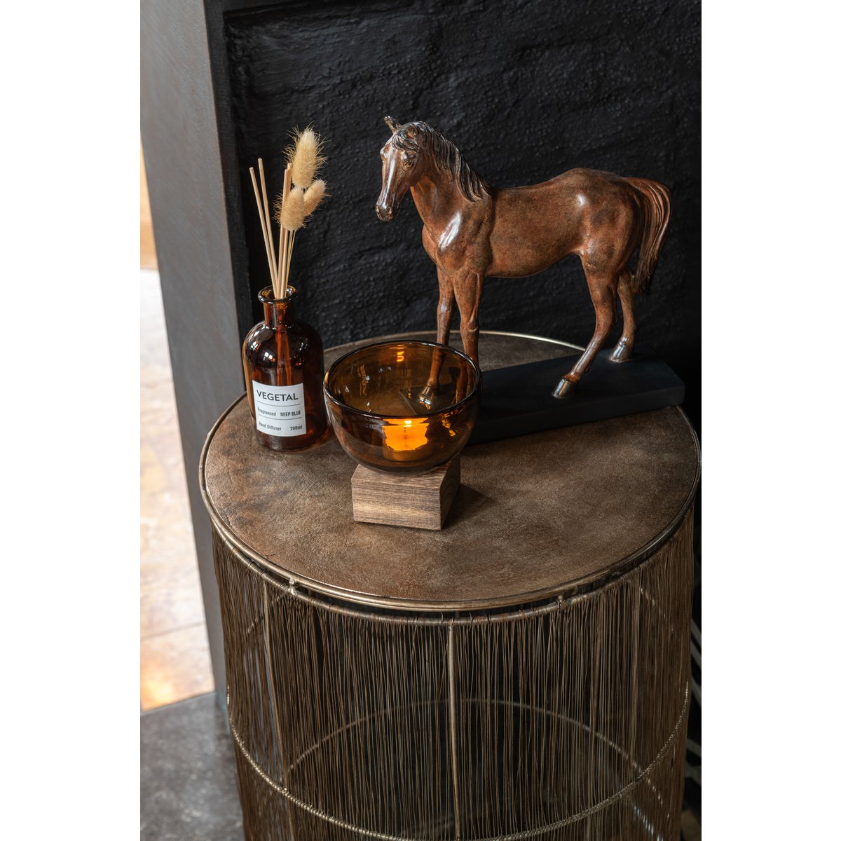 J-Line - Vaas Op Voet Breed - Glas/Hout - Bruin - Small - 11.00cm Hoog