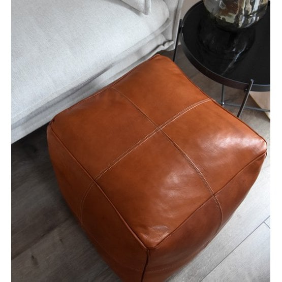 Poufs & Pillows - Leren poef - cognacbruin (modern vierkant) - gevuld geleverd